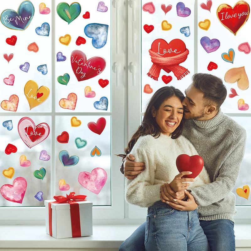 9Pcs 20X30Cm Valentine'S Day Window Stickers Cute Watercolor Red Heart Pattern Electrostatic Sticker Wedding Party Home Decor