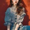 Summer Popular Trend Niche and Unique Top Stylish and Chic Super Good-looking Black and White Striped Ruffle Edge Shirt