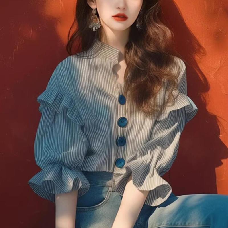 Summer Popular Trend Niche and Unique Top Stylish and Chic Super Good-looking Black and White Striped Ruffle Edge Shirt
