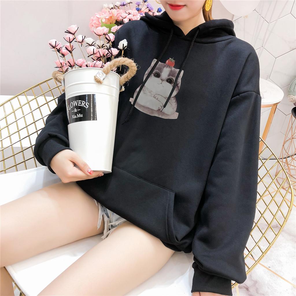 Felpa con cappuccio in velluto stampato cartone animato da donna per autunno inverno, pullover casual a maniche lunghe con cappuccio e tasca