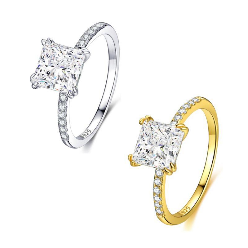 18K White Gold Plated S925 Sterling Silver Ring with Square Zirconia - Simple European & American Fashion Engagement Ring