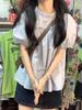 Chic French Blue Puff Sleeve Doll Top with Wooden Ear Edge Design