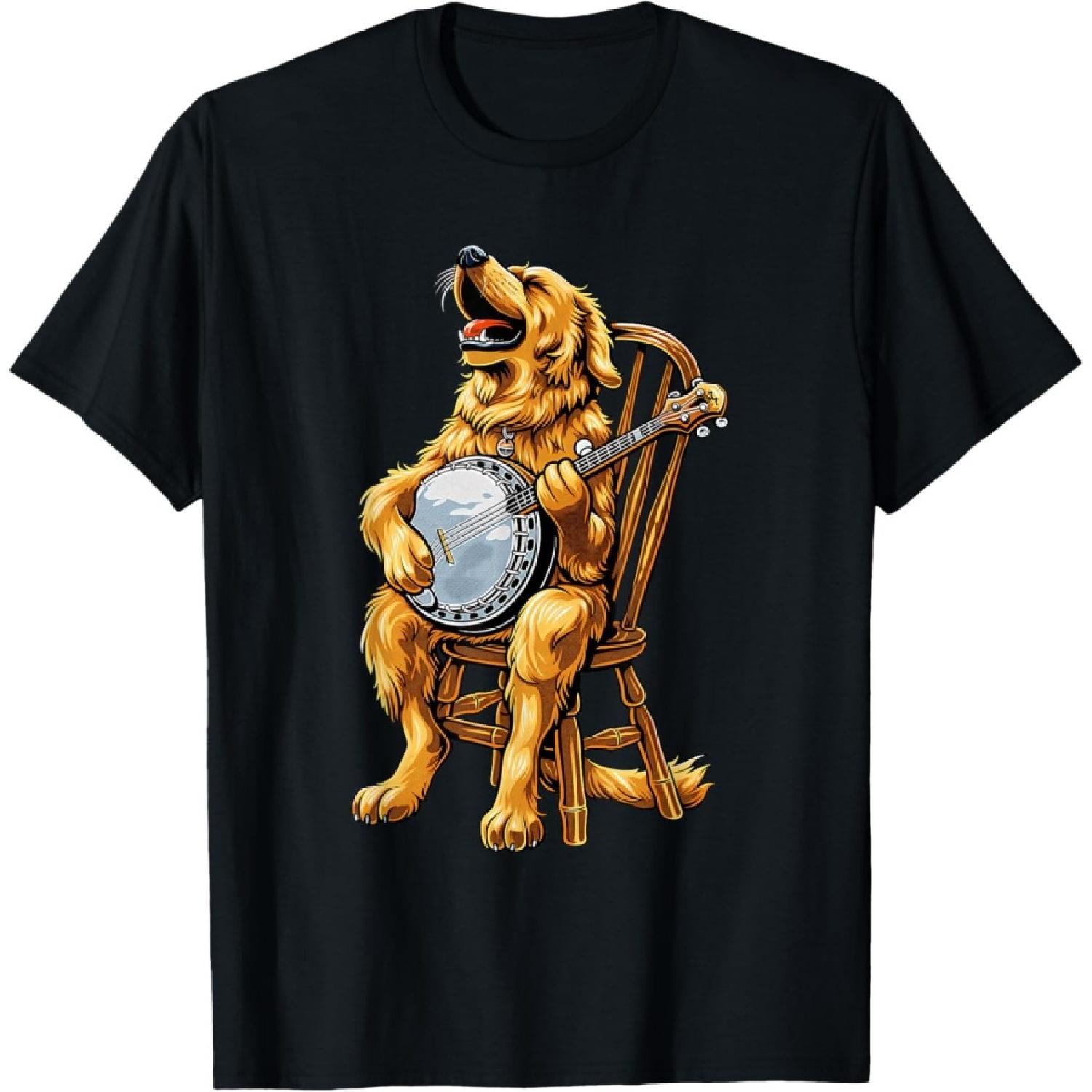 Golden Retriever Dog Bluegrass Banjo Player T-Shirt S