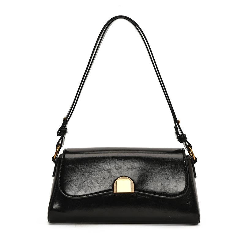High-quality fashion high-end oil wax leather underarm baguette bag women's versatile simple solid color personalized shoulder bag
