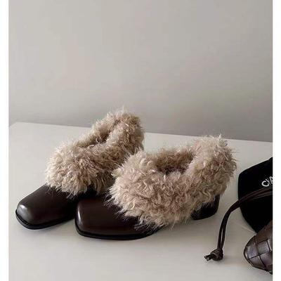 Full Leather Version~ Square Head Fluffy Shoes One Pedal Retro Velvet Warm Mary Jane Small Leather Shoes Cotton Shoes Thick Heel Single Shoes