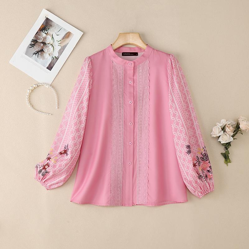 

ZANZEA Women Casual Round Neck Long Sleeve Lace Splice Floral Blouse 3XL рожевий