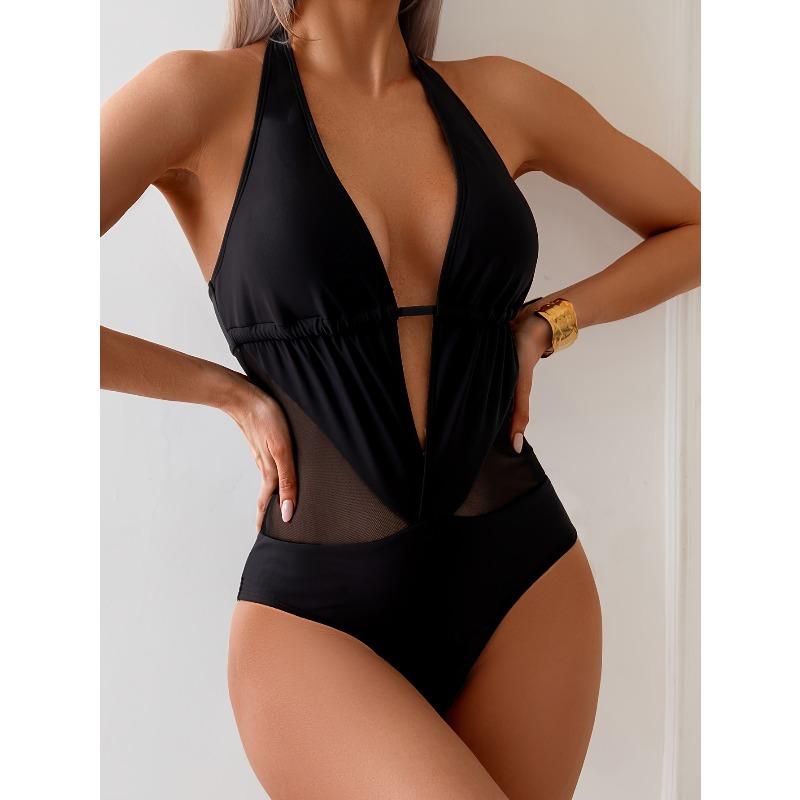 

New European and American One-piece Sexy Mesh Splicing Swimsuit Women s Deep V-neck Backless Solid Color BIKINI Briefs Swimming S чёрный