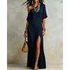 One Shoulder Short Sleeve Slit Long Dress, Comfortable Casual Dress for Vacation Homewear, Women's Crossbody Dress for Europe America