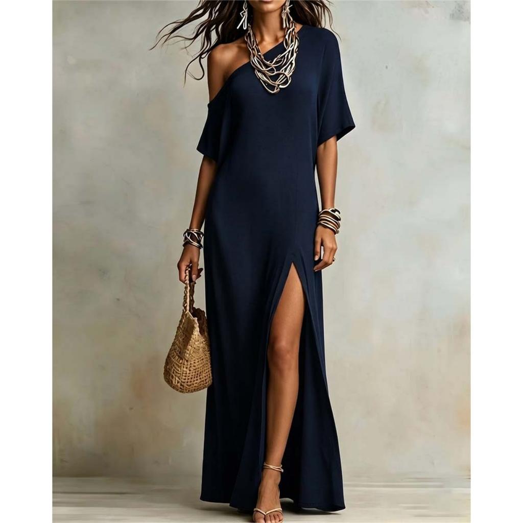 One Shoulder Short Sleeve Slit Long Dress, Comfortable Casual Dress for Vacation Homewear, Women's Crossbody Dress for Europe America