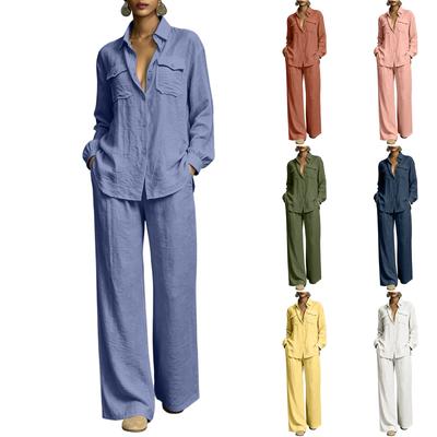 Women's Cotton Linen Loose Fit Shirt and Wide Leg Pants Set with Pockets