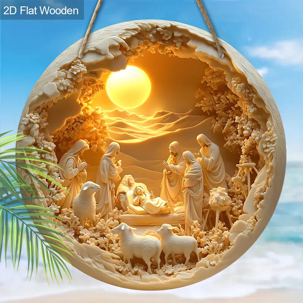 Přívěsek Svatá noc Betlémská scéna, dekorace na stěny nebo dveře domova, 2D plochý dřevěný, vánoční dekorace, dárky pro přátele a rodinu