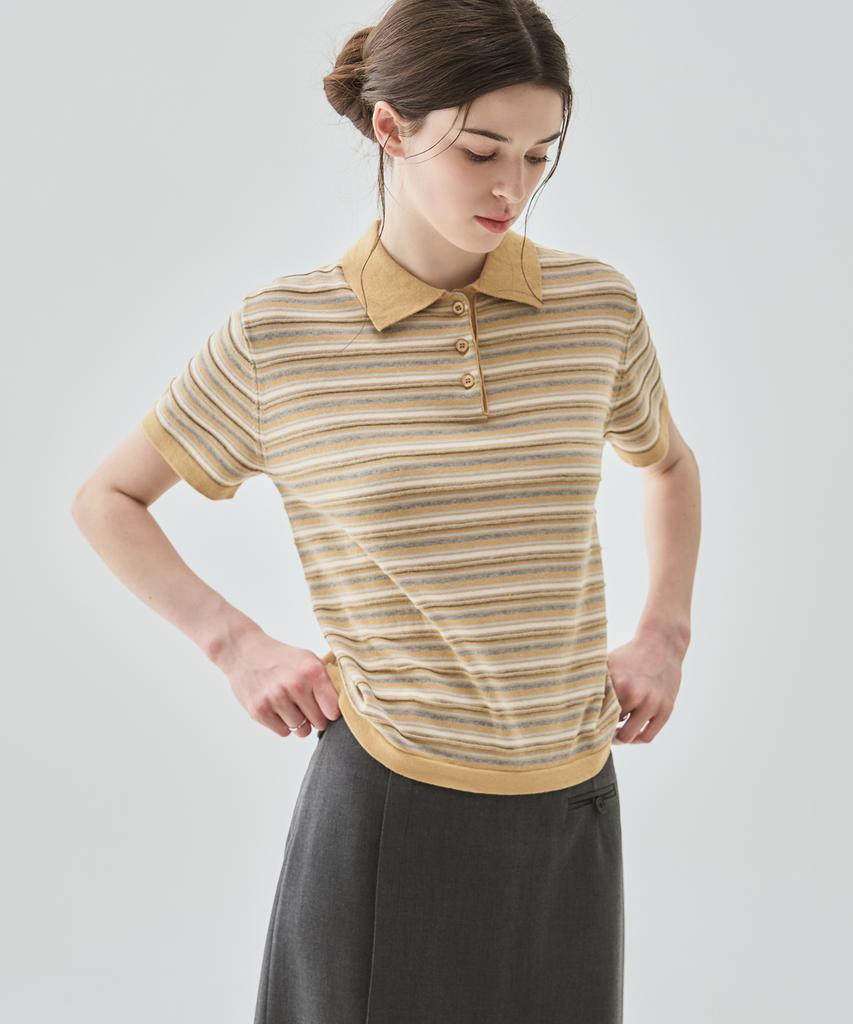 Deuloupisumeon Cotton Striped Short Sleeve Collared Knit [Ivory]
