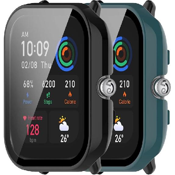 E ECSEM 2-Pack Compatible for Amazfit GTS 4 Mini Screen Protector Cover, Tempered Glass Screen + All-Round PC Matte Protector Case Set for Amazfit