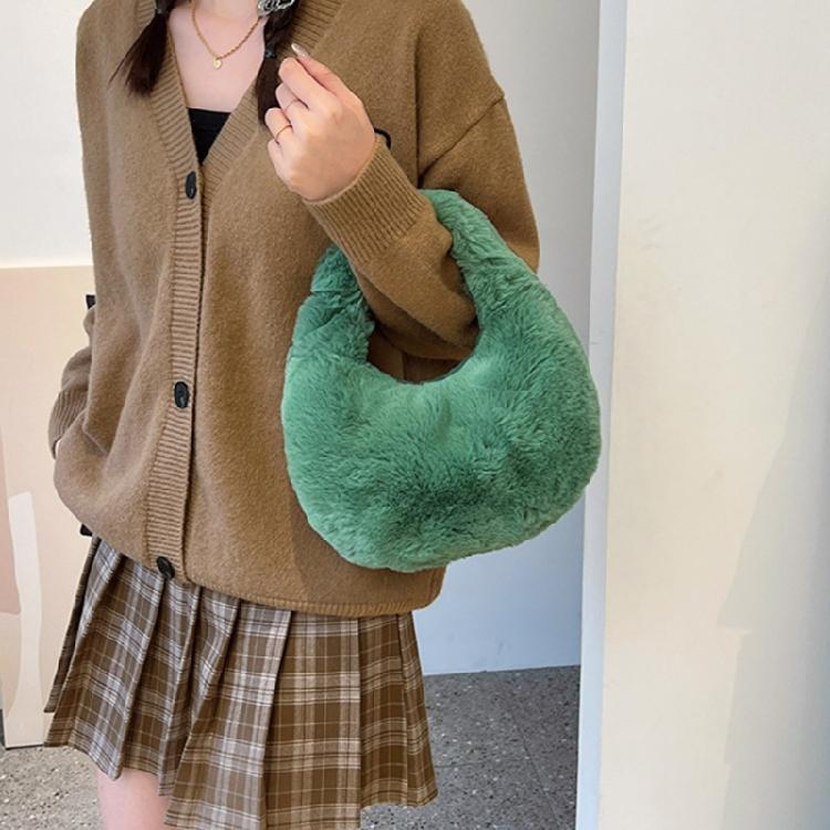 Faux Furs Shoulder Bag with Tie Zipper Casual Shoulder Bag Half Moon Purse Bag