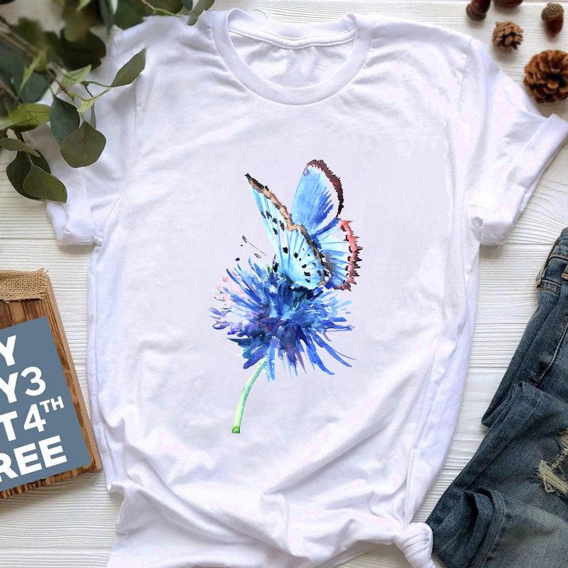 

Summer Blue Butterfly T-Shirts Top For Women Harajuku Kawaii Clothing Print Lady Graphic T Shirt Ladies Female Tee T-Shirt XXXL білий