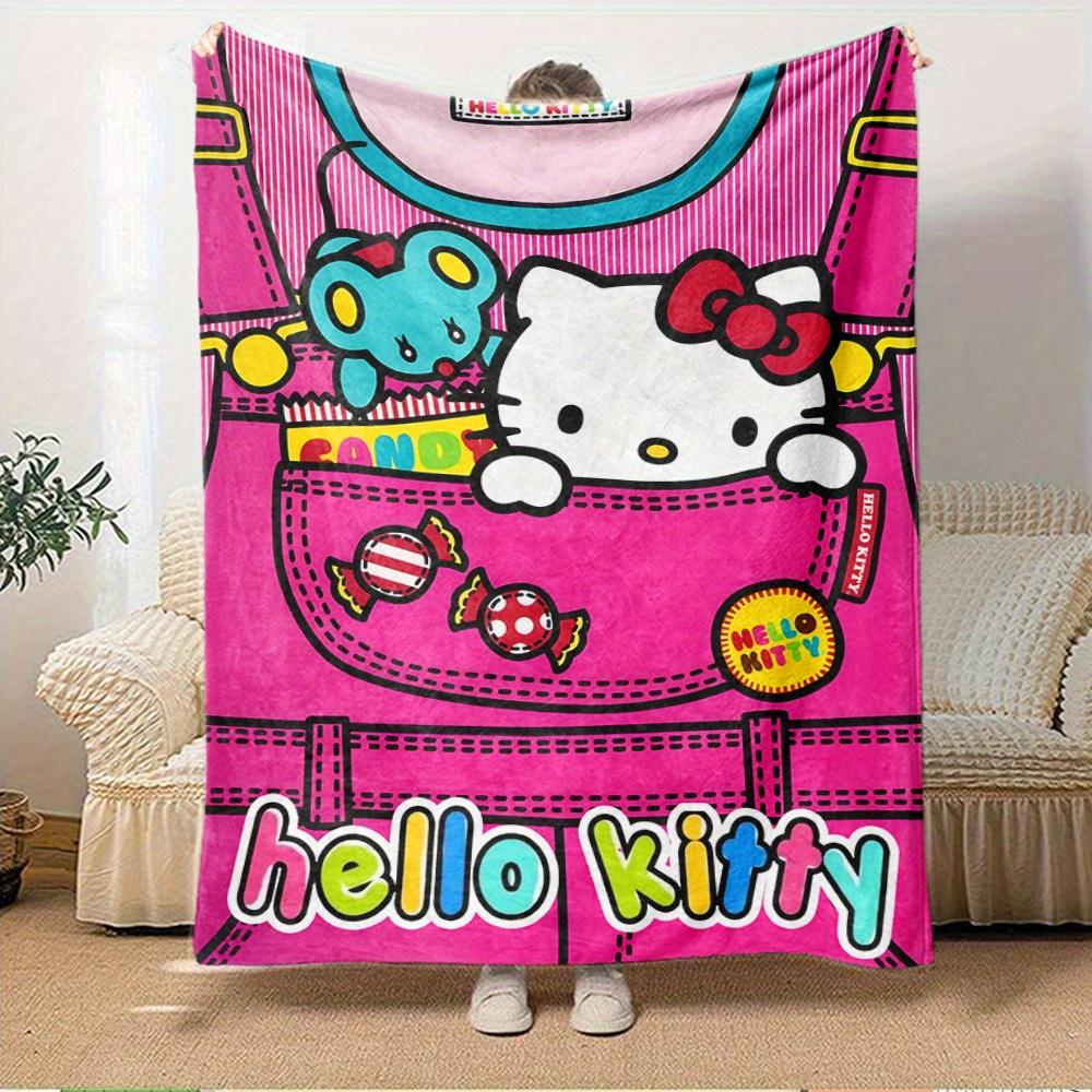 For Candy, Pocket, HelloKittyAnime-Themed Flannel Blanket, Glam Style, Digital Print, All-Season Comfort, Tear-Resistant, Knitted Craftsmans