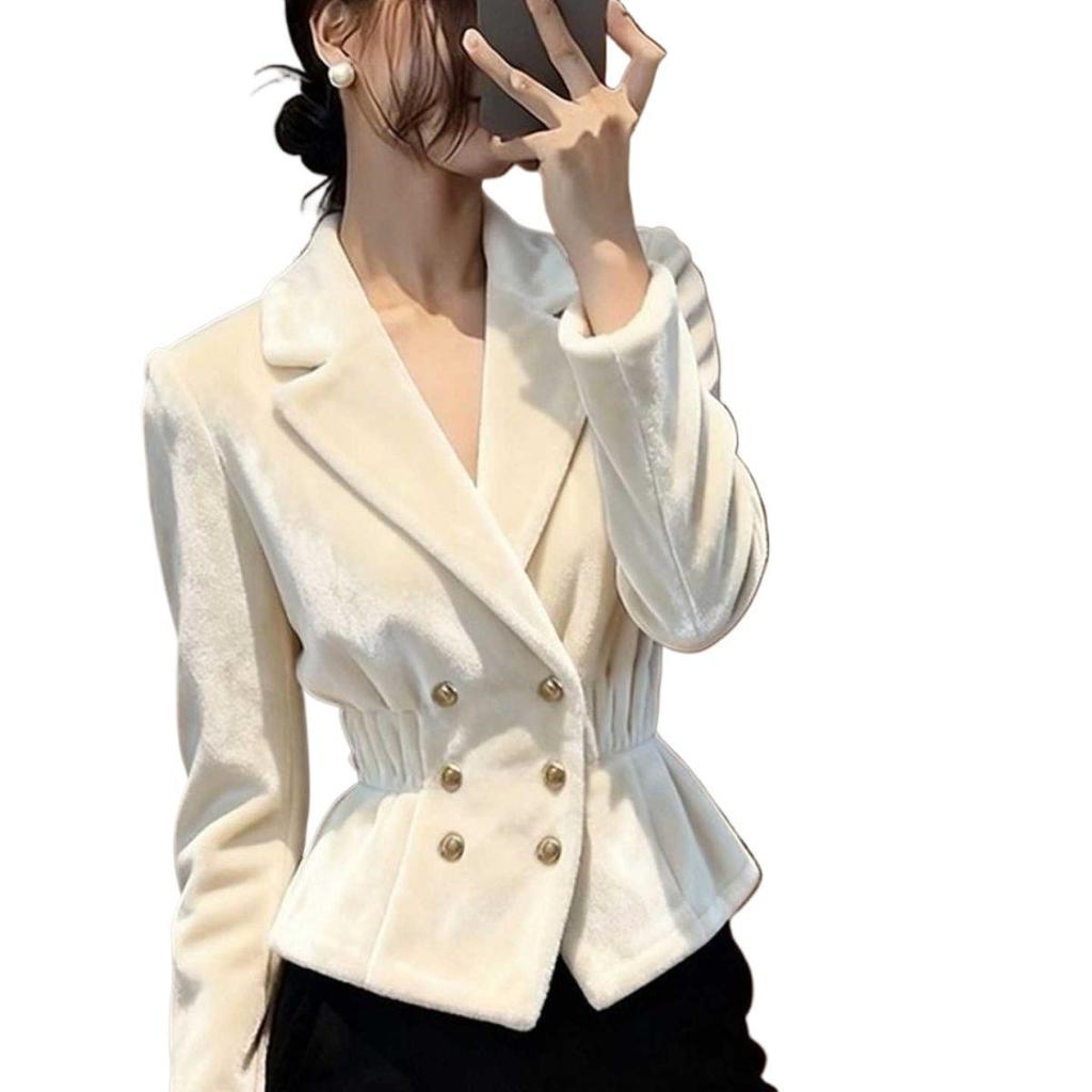 Elegant White Velvet Women's Coat - Autumn/Winter Waist-Cinched Fashion