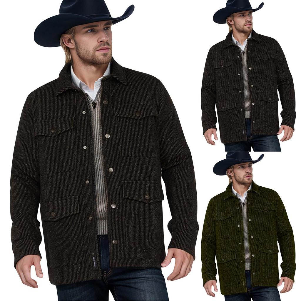 Men's Solid Color Lapel Jacket Casual Loose Single Breasted Corduroy Long Sleeved Coat