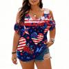 Women’s Short Sleeve Cold Shoulder Top with Star and Floral Print Loose Fit Casual Independence Day Style Blouse for Summer