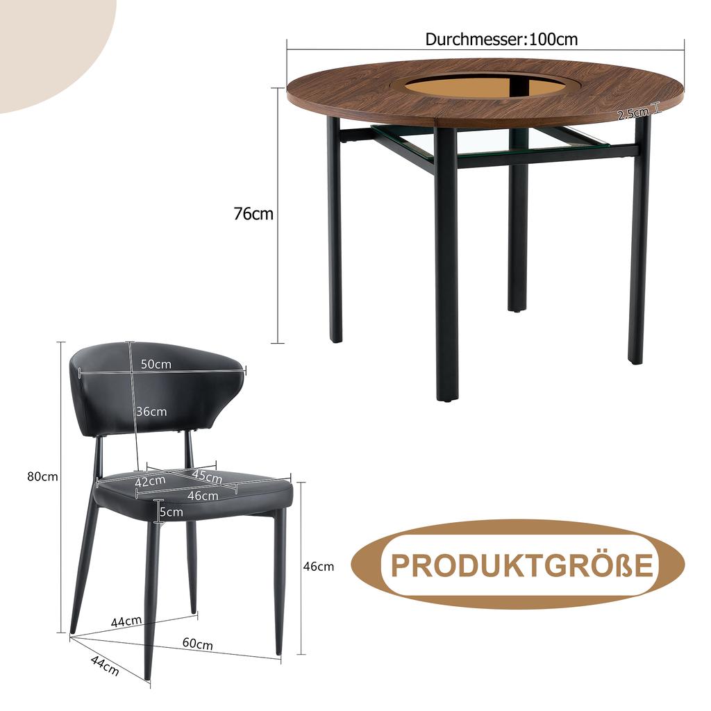 Modern Minimalist Round Table Set (2 Black PU Armchairs, Curved Backrest), 100 Cm Diameter Table In Wood Look. For Dining Room & Kitchen.
