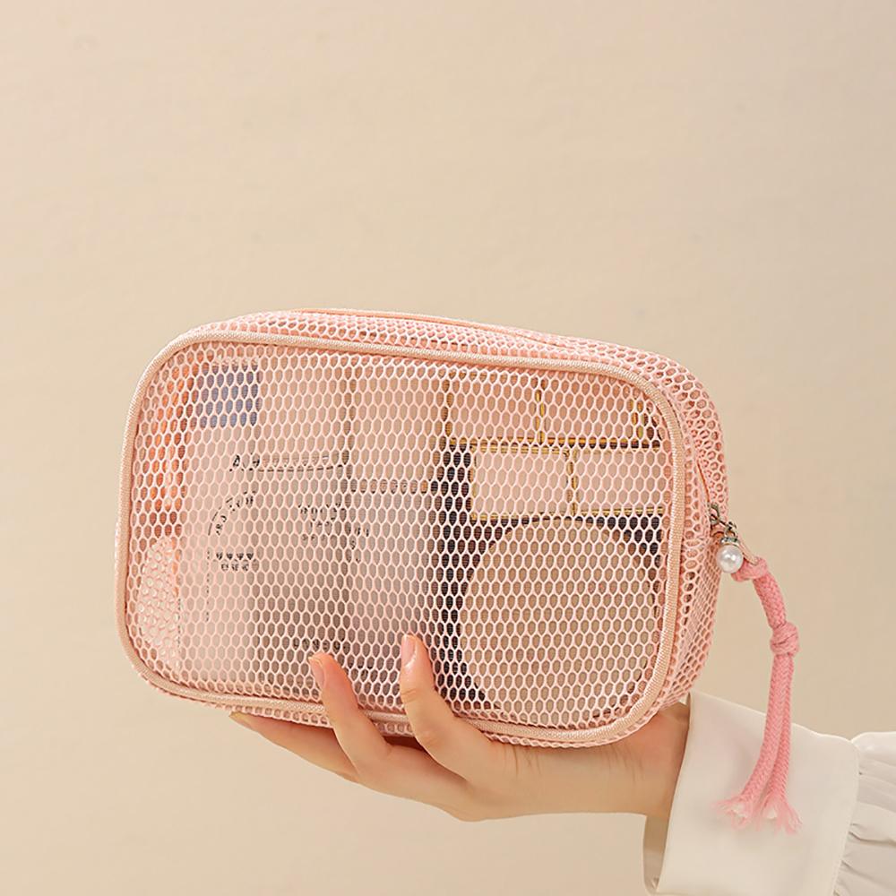 Casual Mesh Cosmetic Bag Hand-Held with Zipper Women Pure Color Makeup Bags Multipurpose Portable Mesh Toiletry Wash Bags