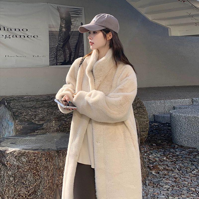 Winter Thick Long Stand Collar Loose Mink Fur Coat Women Casual Outerwear