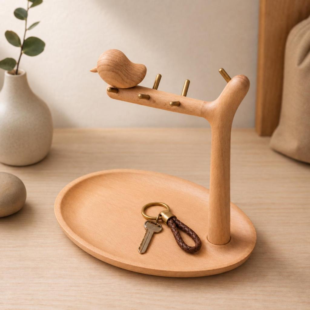 Countertop Accessory Holder SpaceSaving Beech Wood Desktop Organizer with Metal Pegs for Bedroom