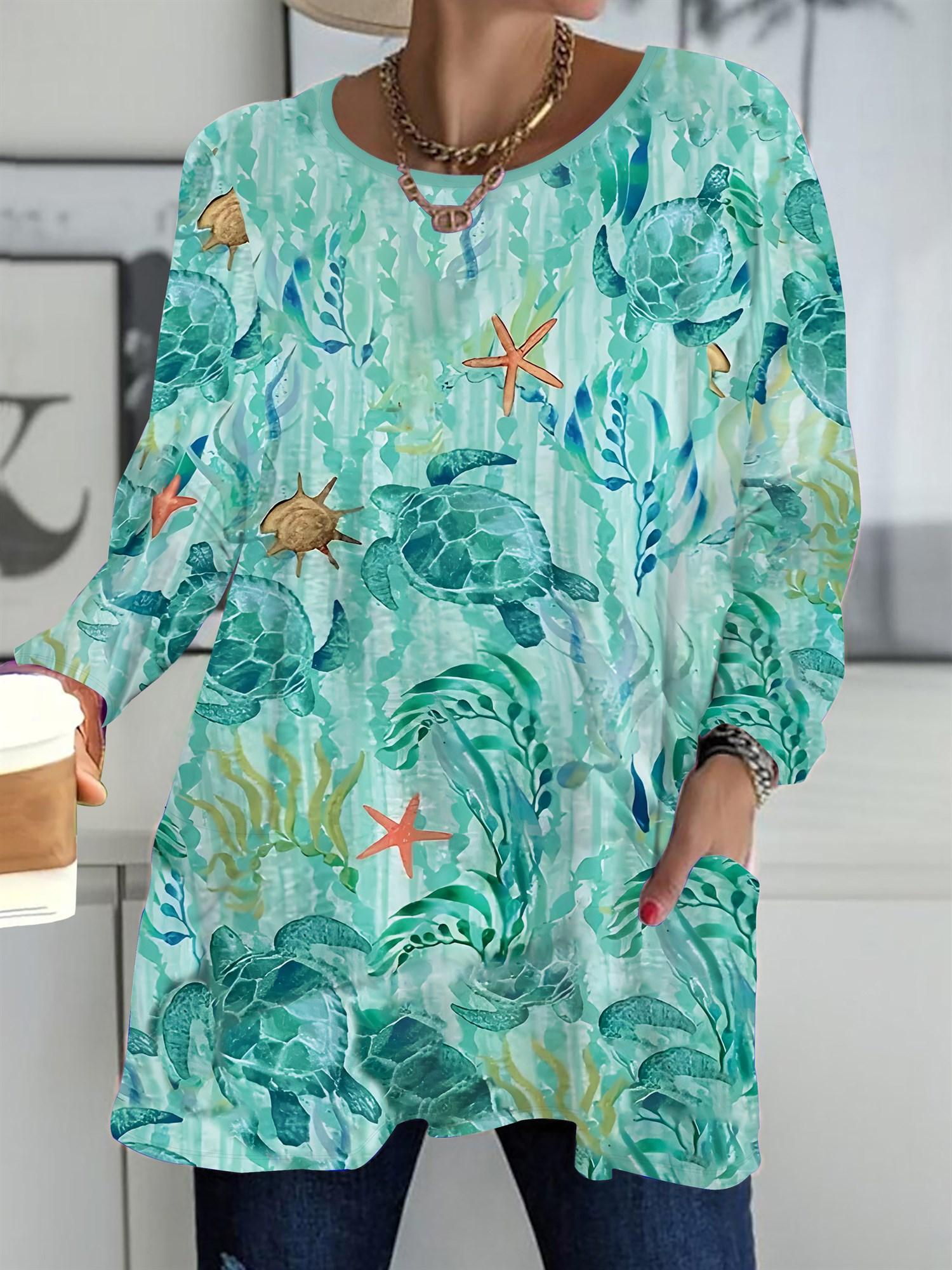 

2025 Осень Зима Новые Женские Топы Большого Размера, Модные Футболки с 3D-принтом Морской Черепахи, с Круглым Вырезом и Длинным Рукавом 6XL зелёный