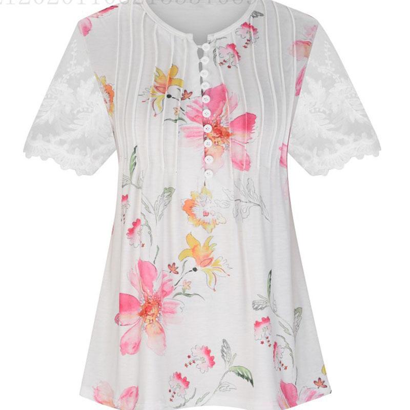 Women Summer Short Sleeve V Neck Printed T Shirt Top