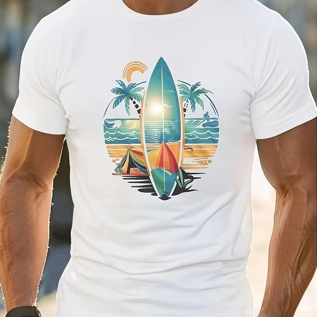 Unisexs Summer 100 Pure Cotton Fashionable Casual Loose Sports Surfboard Pattern Printed Round Neck Short Sleeved TShirt Top