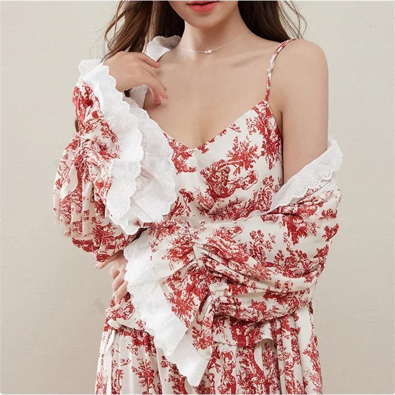 

Элегантный французский цветочный принт пижама брючный костюм пижама комплект из трех предметов весна осень женский халат домашняя одежда повседневная домашняя одежда XL