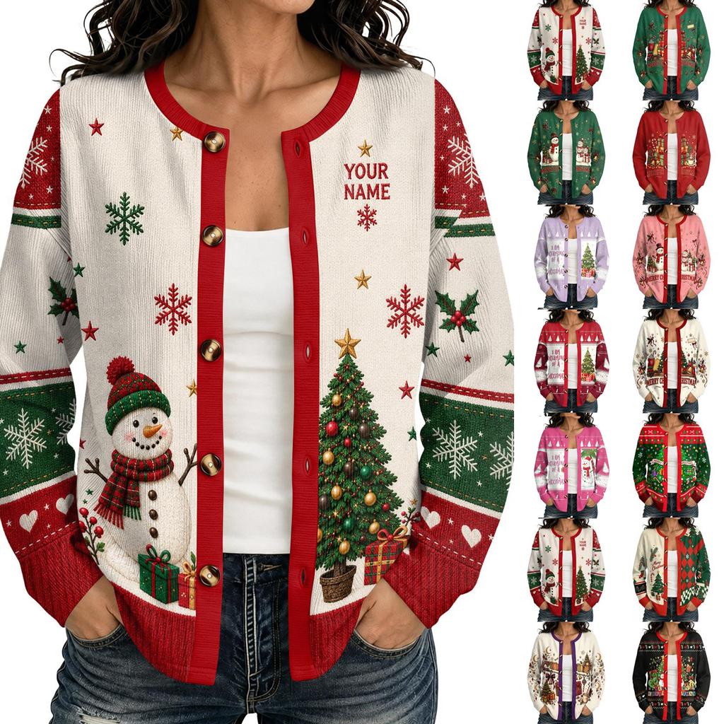Women's Long Sleeve Christmas Print Cardigan, Open Front Knit Sweater for Holiday Wear