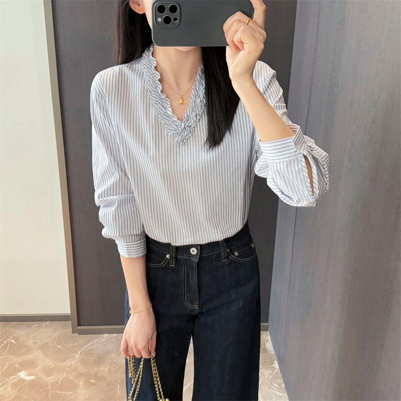 

French Minority Stylish Women s Clothing Tree Fungus-like Lacework Pure Cotton V Neck White Shirt Top Long Sleeves Stripes Shirt Women Blue Headset S