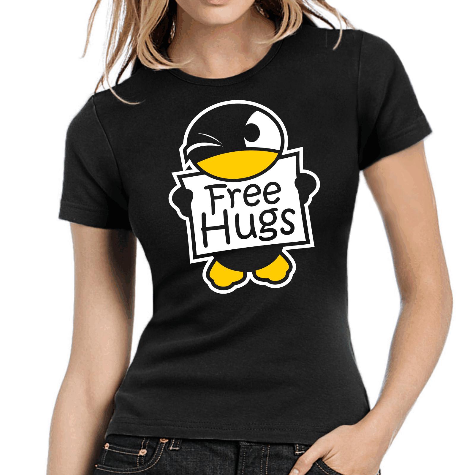 Free Hugs Penguin Penguin Cute Fun Comedy Cartoon Fun Lady Ladies Girlie T-Shirt Mens Womens Tees Top 3XL