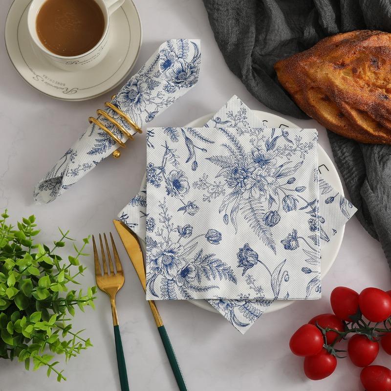Party Napkins, 20pcs Blue White Floral Fern Pattern Paper Napkins - Scandinavian Style for Wedding Dinner Table Decor, Naturalis