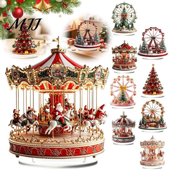 Ferris Wheel Display 2D Acrylic Christmas Tabletop Decoration, Festive Village Scene Ornament Playground Theme with Snowman & Trees, Holiday
