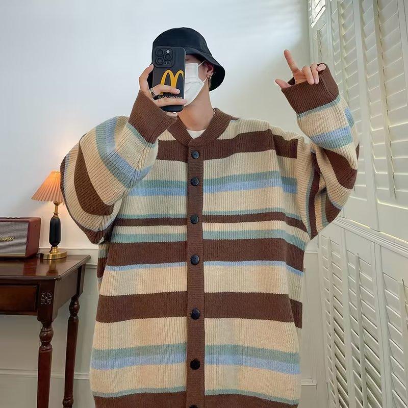 Japanese lazy retro striped sweater men's and women's coats autumn and winter 2025 new loose knitted cardigan top