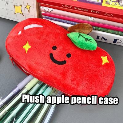 Cute Apple Plush Pencil Case Cartoon Double-Sided Embroidered Pen Bag Stationery Organizer Cosmetic Bag Kid Gift