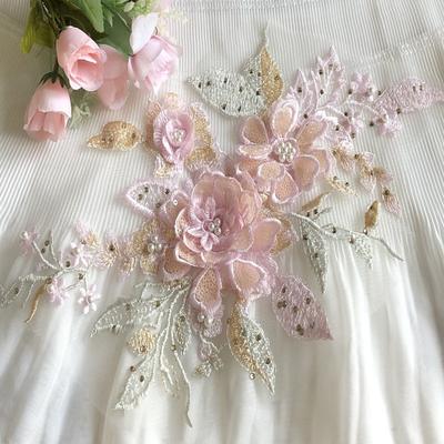 Mesh bestickt Tuch 2pc rosa Pailletten Zubehör Diy Spitze Kleidung Ornamente dreidimensionale Blumenaufkleber Perlen Patch