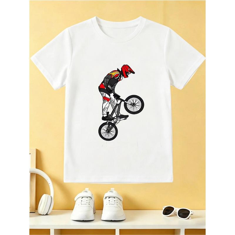 European sizes Boys Crew Neck Short Sleeve T-Shirt, Casual Breathable Tee, Bike Rider Graphic Print, Comfortable Kids Top, Summer Daily Wear