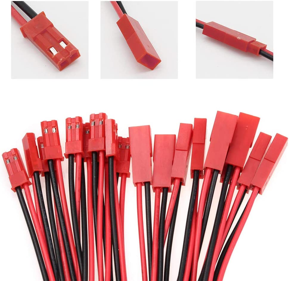 JST 2-Pin Connectors – 20 Pairs 22AWG | Silicone Wire | Compatible with LiPo Battery, RC Helicopter | Ideal for LED Strip Lights | Red PVC