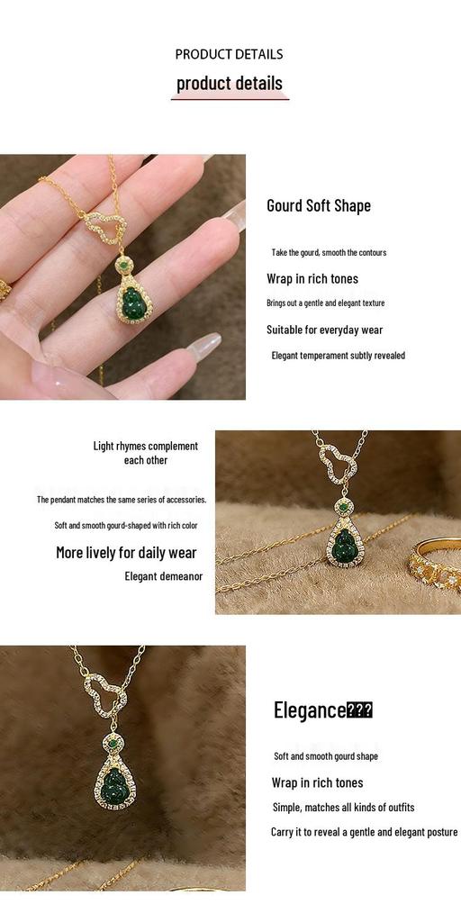 Chinese-Style Emerald Gourd Pendant with Imitation Gold and Diamante Inlay Clavicle Chain for Women