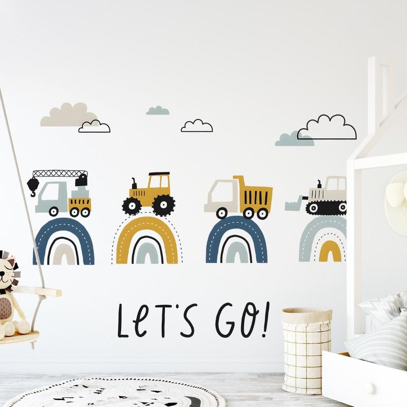Cartoon INS Cute Engineering Vehicle Road Rainbow Wall Sticker for Kids Room Kindergarten Decor