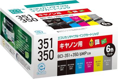 Ecorica Recycled Ink Cartridges for Canon with Remaining Ink Level Packaged In Ecorica Envelopes BCI-351+350/6MP Printers, 6-Color Pack,
