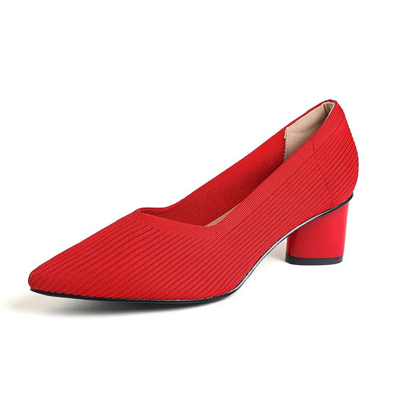 Fashion 2025 Pointed Toe Middle Heel Breathable Comfortable Knitted Shoes Women Shallow Mouth Chunky Heel Fashion Zapatos De Mujer Pumps