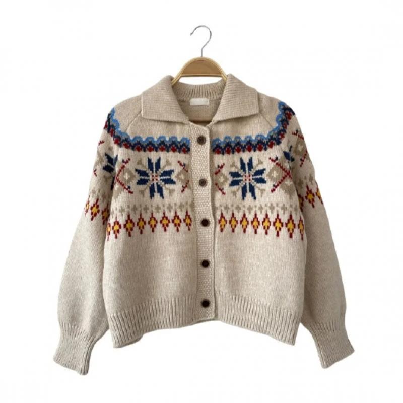 New Arrivals Open Run Women Wool Blend Snowflake Design Big Collar Knit Cardigan