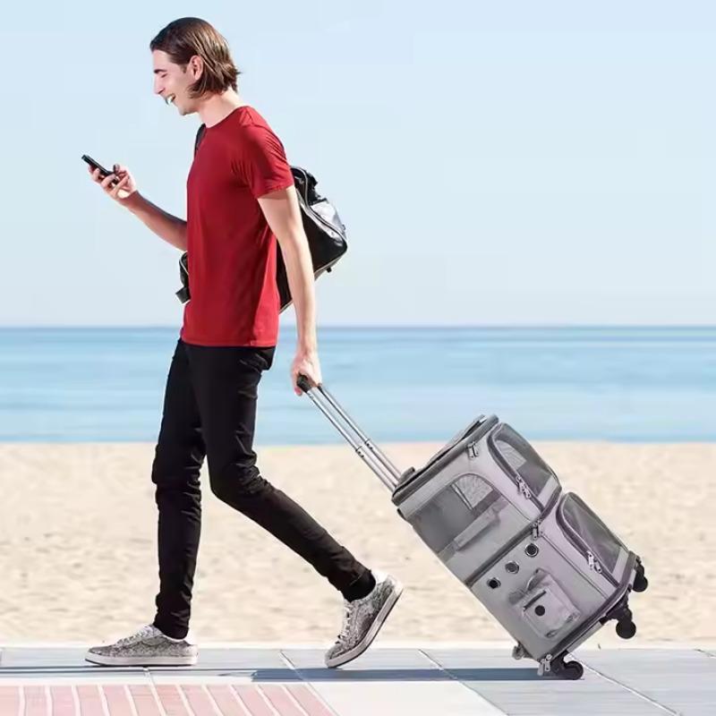 Double-layer Pet Trolley Bag Large Space Portable Outdoor Travel Silent Easy To Put Two Cat Foldable Oxford Cloth Pet Bag