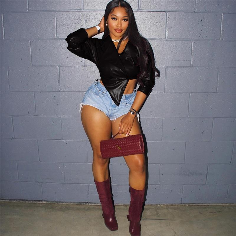 Letní dámská módní stylová vypasovaná zkrácená bunda z PU kůže jednobarevná ležérní