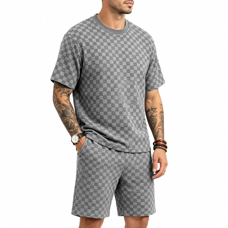 Men S Casual Short Sleeve Round Neck Jacquard Towel Texture Set