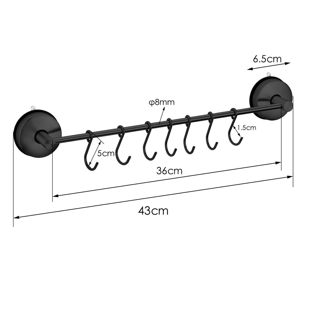 Poyway Kitchen Tool Hooks, Stainless Steel, Super Strong Suction Cup, 7 Movable Hooks, Bathroom & Kitchen Storage, Black Set of 2 (1 Black + 1 Silver)